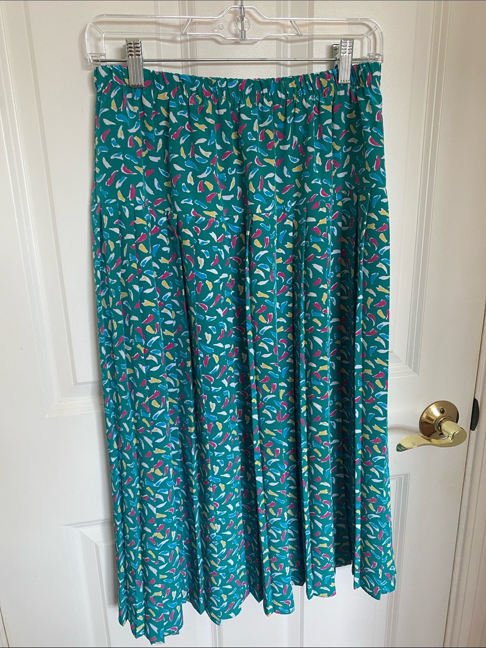 Abstract Print Women’s Skirt Handmade Pleats Elastic Waist Green White Retro
